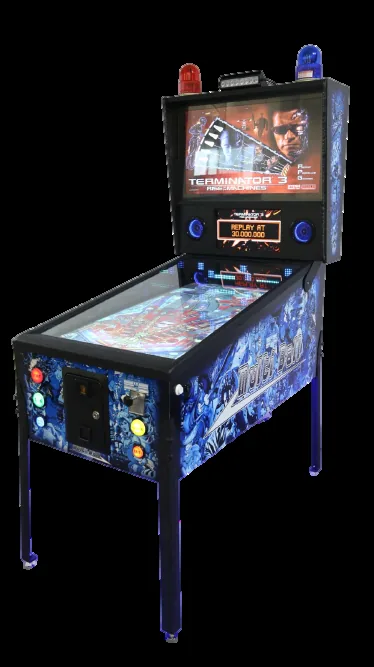 A virtual pinball machine with a playfield monitor and backbox screen.