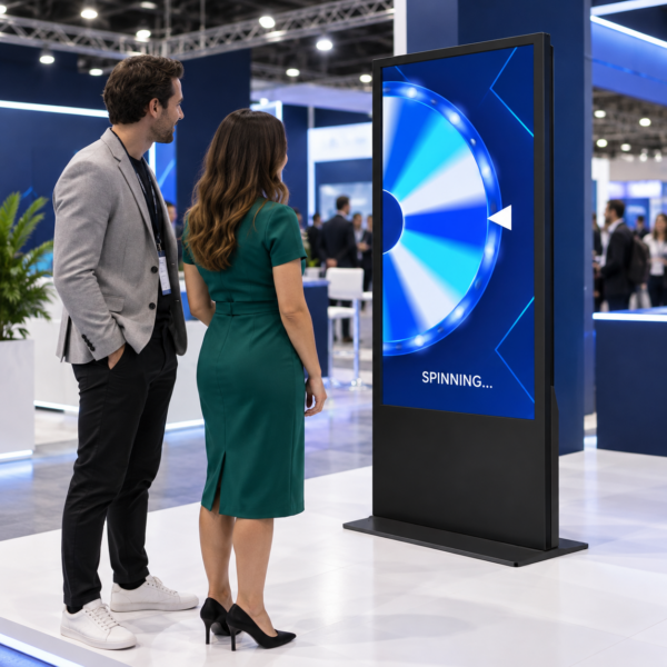 Dos visitantes de la exposición observan cómo gira una media rueda azul ampliada en un quiosco con pantalla táctil orientada en vertical.