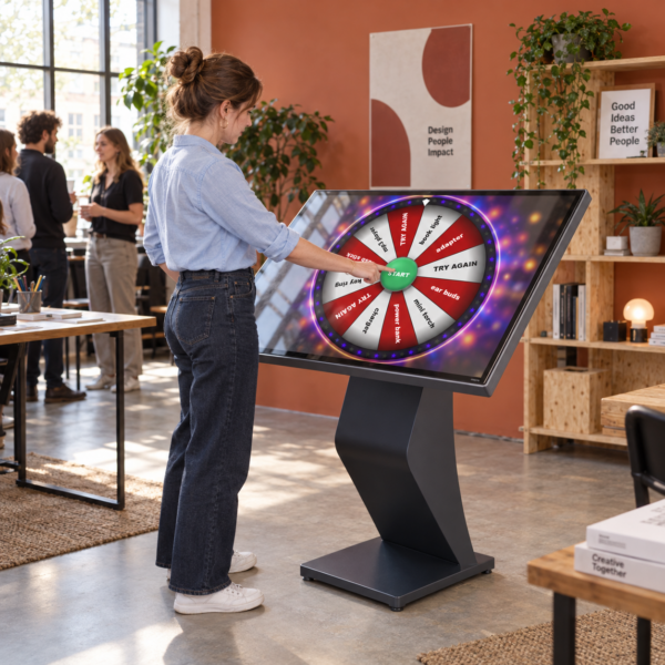 Un jugador utiliza un quiosco con rueda de premios de pantalla táctil en formato apaisado e inclinado en el estudio de una agencia